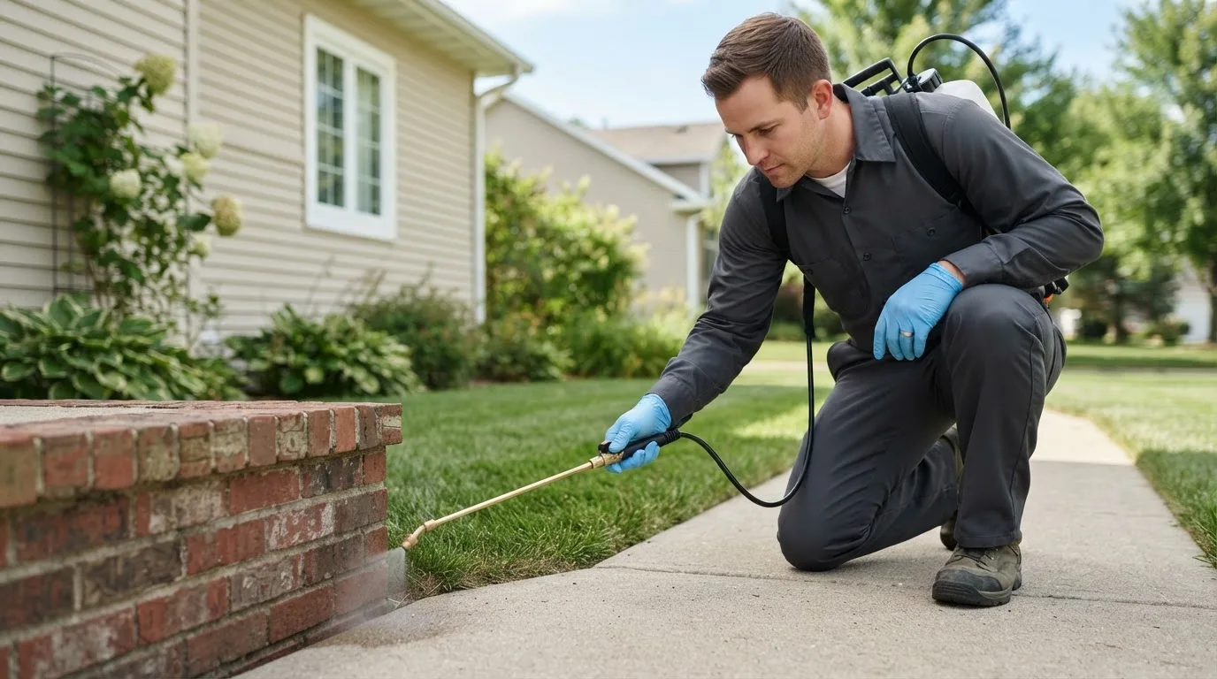 Pest control technician treating a home near Mooresville, MO