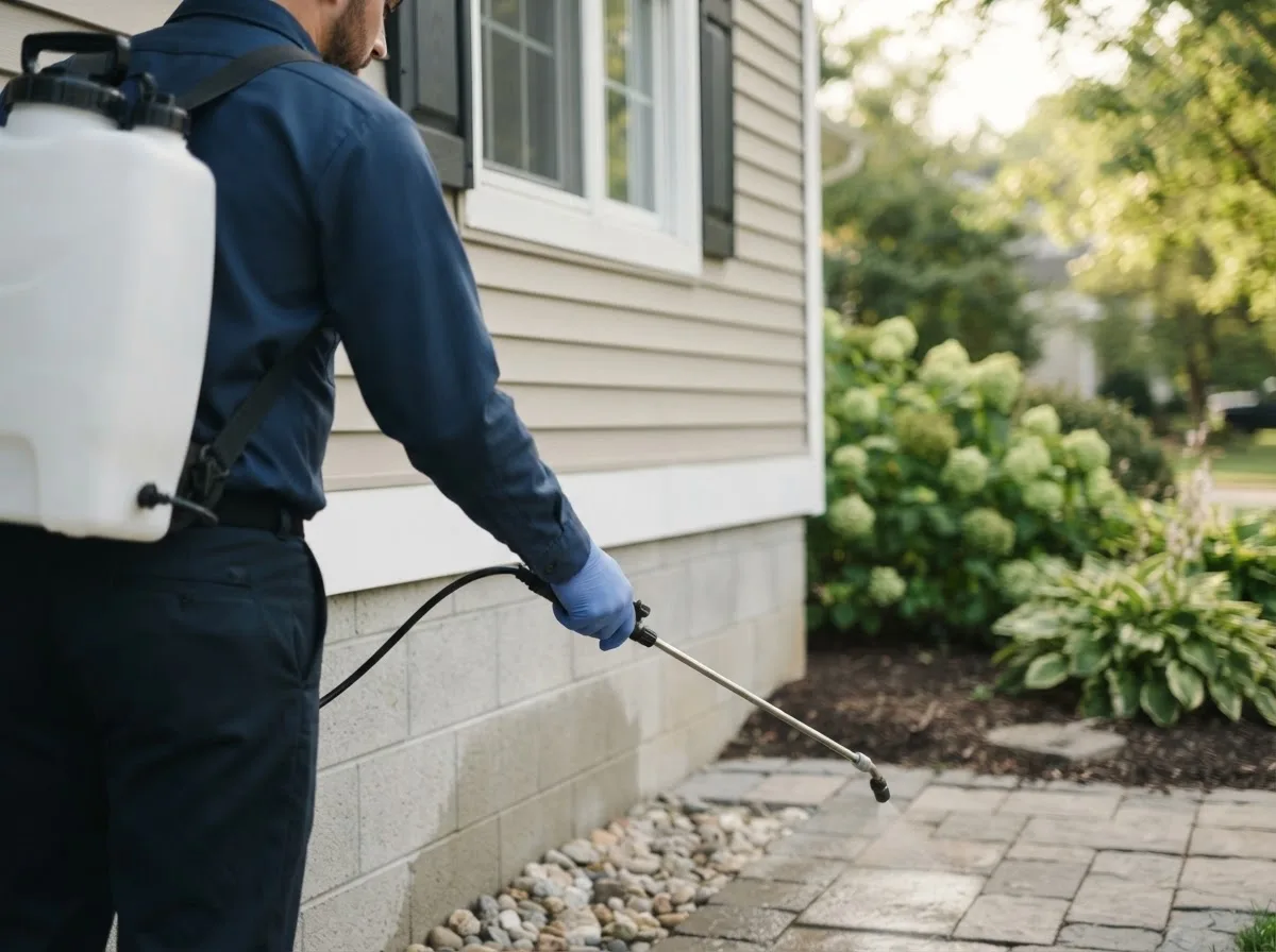 Pest control technician inspecting a home in Mooresville, MO